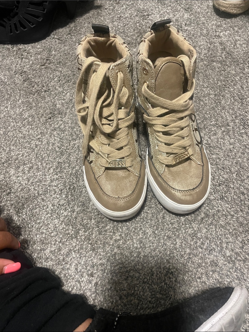 Guess Tan and White High-Top Logo Sneakers
